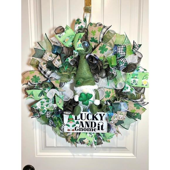 Handmade St. Patrick’s Day Lucky and Gnome it Ribbon Prelit Wreath 22 in LED W15 - Picture 12 of 12